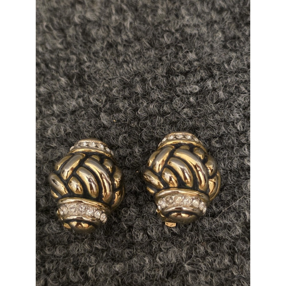 Gold Tone Rhinestone Clip On Earrings Domed Oval Stud TJM USA Jewelry Old Money
